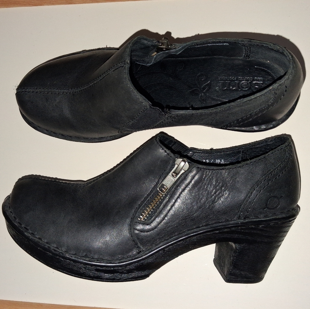 BORN Genuine SOFT Leather Clog Shoes - Black Slip On Side Zipper Womens Size 7.5 - Picture 3 of 16
